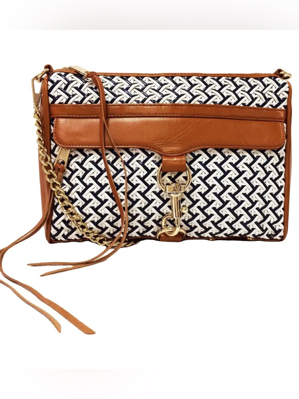 Rebecca Minkoff Navy & Brown Woven Leather-Trim Crossbody